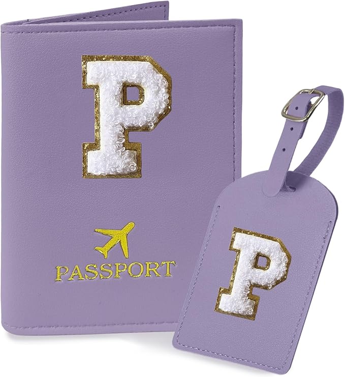 COSHAYSOO Purple Passport Cover and Initial Luggage Tag Set TSA Approved with Preppy Chenille Letter Patch, Trendy Traveling Bag Backpack Suitcase Identifier Stocking Stuffer Gifts for Women Girls (P)
