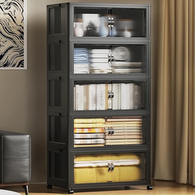 SAILUN 635Qt Extra Large Stackable Storage Bins Folding Collapsible Storage Bins with Lid, Closet Organizers and Storage Box with Door Black 28" W x 17" D x 75" H