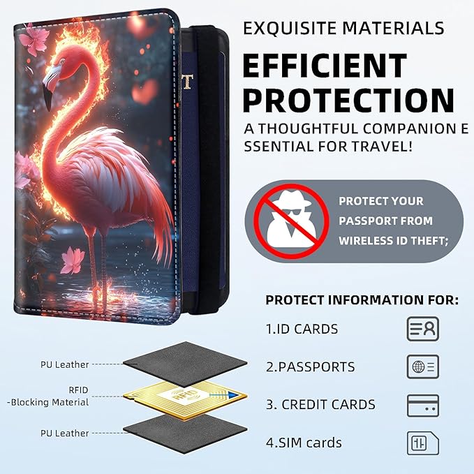 Passport Holder for Travel, RFID Blocking Passport Holder Travel Walle, Passport and Vaccine Card Holder, Vacation Must Haves Travel Accessories for Men Women, Flamingo Flower