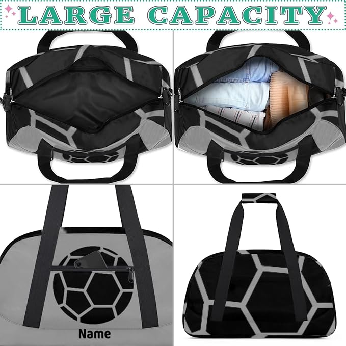 Custom Name Gray Black Soccer Boys Gym Travel Duffle Bag with Front Zipper Pocket Personalizedfor Sports Bag for Overnight, Weekender, Carry On,Workout & Dance, 18.9 * 8.7 * 10.6 in