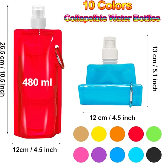 10 Pack Collapsible Water Bottles,Reusable Drinking Water Bags with Carabiner Clip,480ml Travel Water Bottle,Leak Proof Water Bottles for Camping,Hiking Travel,Gym,Sports,Biking,BPA Free