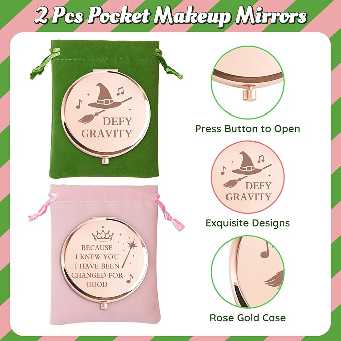 2 Pcs Witch Pocket Mirrors – Witch Compact Makeup Mirror with Hat, Broom & Crown Wand Design, Movie or Musical Theatre Merch Stuff Gifts for Women & Girls (Rose Gold)