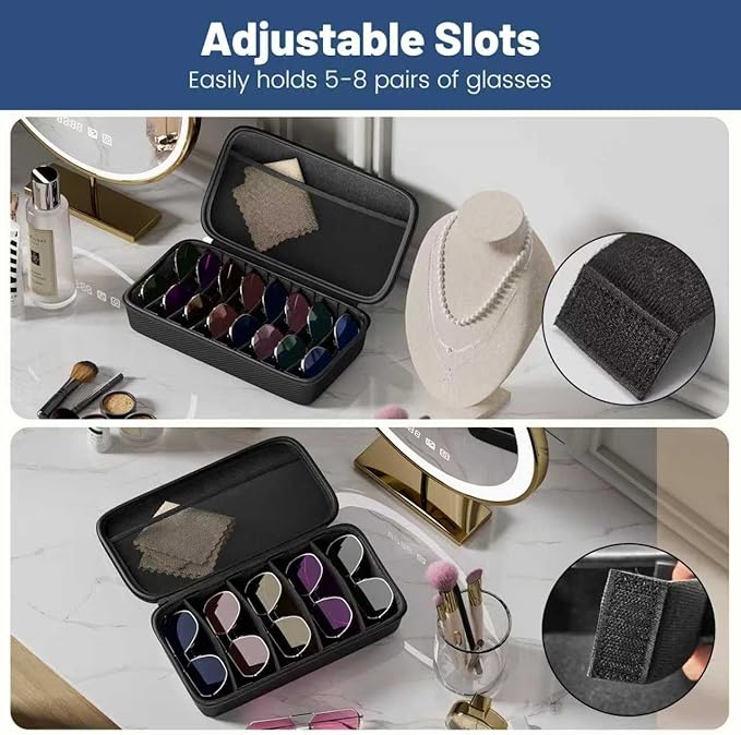 Travel Sunglasses Organizer, Hard Shell Sunglass Case Adjustable Slots for Multiple Sunglass Eyeglass Case