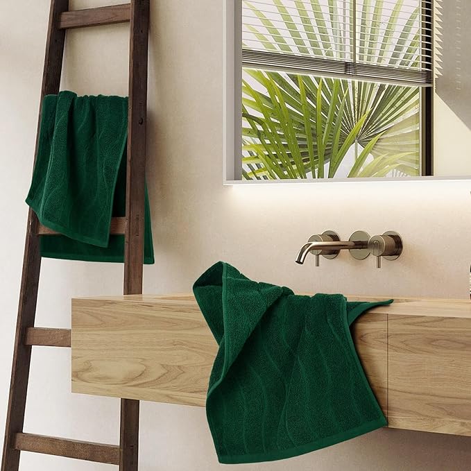 Jacquotha 4-Piece Hand Towels Set in Forest Green, Wavy Striped Jacquard Towels for Bathroom Kitchen Gifts (13x29 Inches, 100% Cotton)