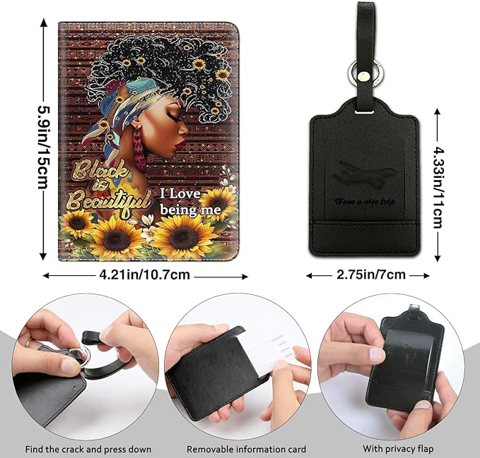 Passport Holder Women Wallet with Luggage Tag, Leather Passport Cover with RFID Blocking, Travel Accessories Multi Card Slot Passport Case for Men，African American Girl Sunflower