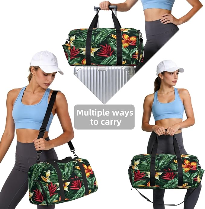 Sports Gym Bag Tropical Leaves Flowers Travel Duffel Bag With Shoe Compartment Shoulder Strap, Lightweight Water-Resistant Weekend Overnight Totes For Women Men