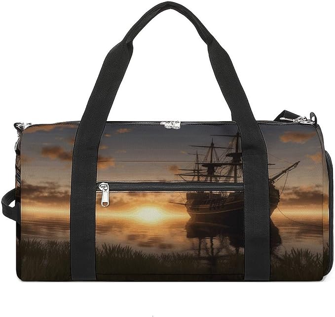 Ship in The Lake Sunset Gym Bag Lightweight ，Travel Duffle Bag with Shoe Compartment，Gym Bag for Women for Overnight, Weekend, Yoga, Gym, Business Trips, Sport And Hospital.