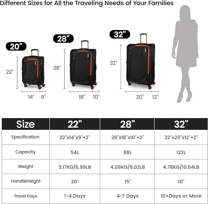 3-Piece Softside Expandable 20% Luggage Set with Front Open Pocket,Softside Suitcases w/Spinner Wheels,Lightweight Durable Rolling Luggage w/TSA LOCK（Black,22in/28in/32in）