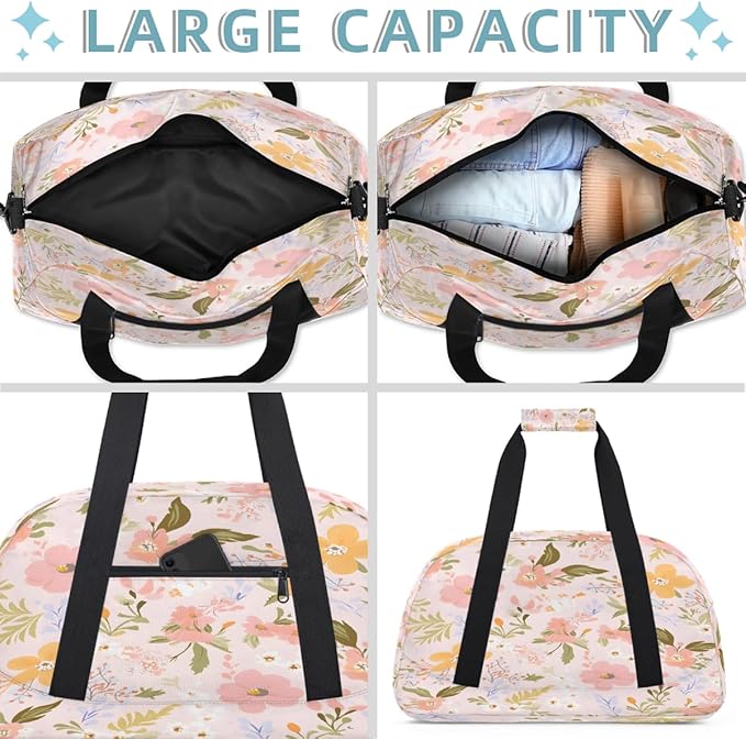 Sports Duffel Bags, Pink Background Floral Print Water-Resistant Gym Duffle Bag for Men Women, Lightweight Weekender Overnight Bag for Fitness, Workout, Travel
