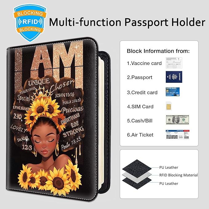 Passport Holder Women Wallet with Luggage Tag, Leather Passport Cover with RFID Blocking, Travel Accessories Multi Card Slot Passport Case for Men，Afro Woman Sunflower