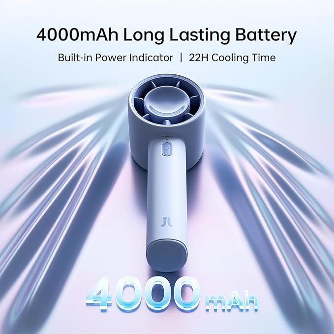 JISULIFE Portable Handheld Fan, 4000mAh Rechargeable Mini,Up to 22 Hours Cooling,5 Speed Strong Wind, USB Personal Fan for Travel Outdoor Camping Beach Makeup（Blue）