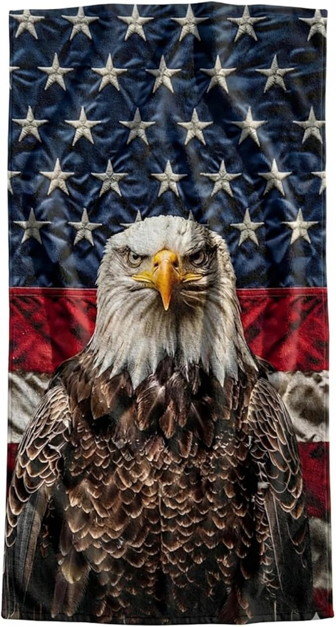 Patriotic American Eagle Beach Towel 30”x60” – 100% Cotton Velour, Absorbent, Quick-Dry, Easy-Pack for Spring Break, Vacation, Beach, Pool, or Sunbathing – Lightweight, Compact – USA Novelty Gift