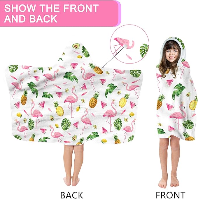 Bonsai Tree Summer Pink Flamingo Bright Hooded Beach Towel, Flamingo Lover Kids Poncho Towel for Boys Girls, Quick Dry 30''x50” Bath Towel for Pool Swiming Boys Gifts