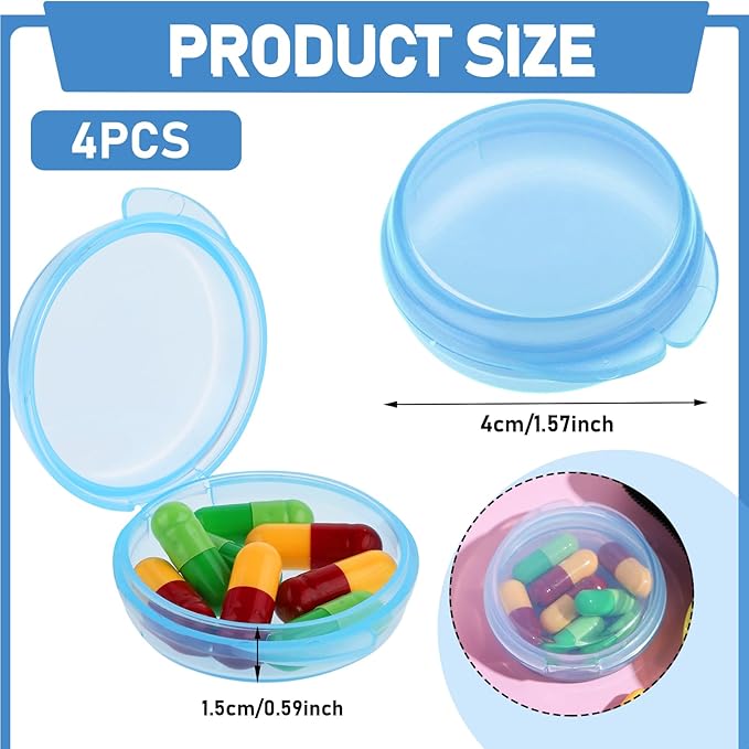 4 Pcs Mini Pill Organizer Small Pill Box Cute Portable Pill Case for Pocket Purse Travel Storage Containers Earplug Case Medicine Dispenser Vitamin Holder (4 Blue)