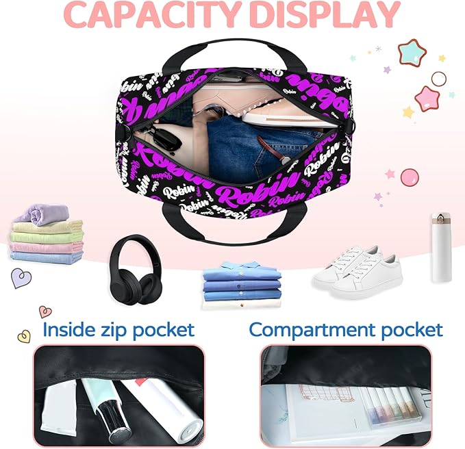 Custom-Dance-Gymnastics-Bag for Girls Personalized Kids Duffle Bag Cheerleader Team Bag for Travel Gym Sport Hot Purple White