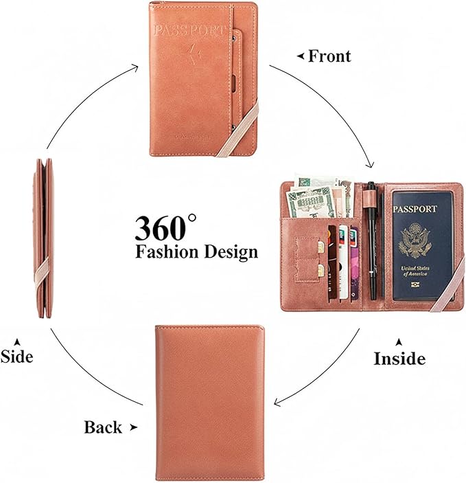 Genuine Leather Passport Holder Cover - RFID Blocking Travel Wallet & Passport Case with Pen Holder, Dual SIM Card Slots & Boarding Pass Pocket for Men & Women,Family Travel Essentials, Retro Style