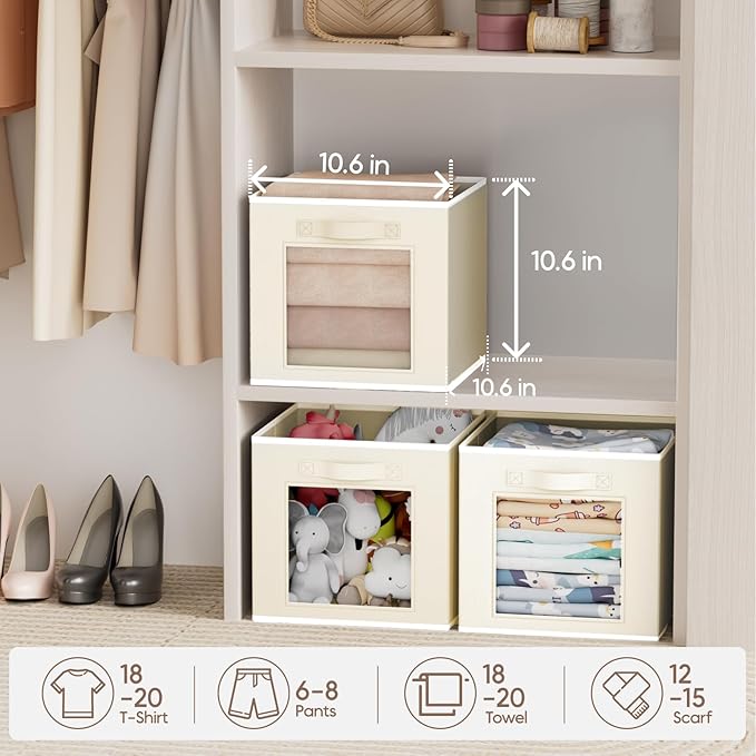 Storage Cube 11 Inch - Cube Storage Bins with Window, Closet Storage Baskets with Handle, Fabric Bins for Closet, Shelves, Toys, Clothes, Set of 14, Beige