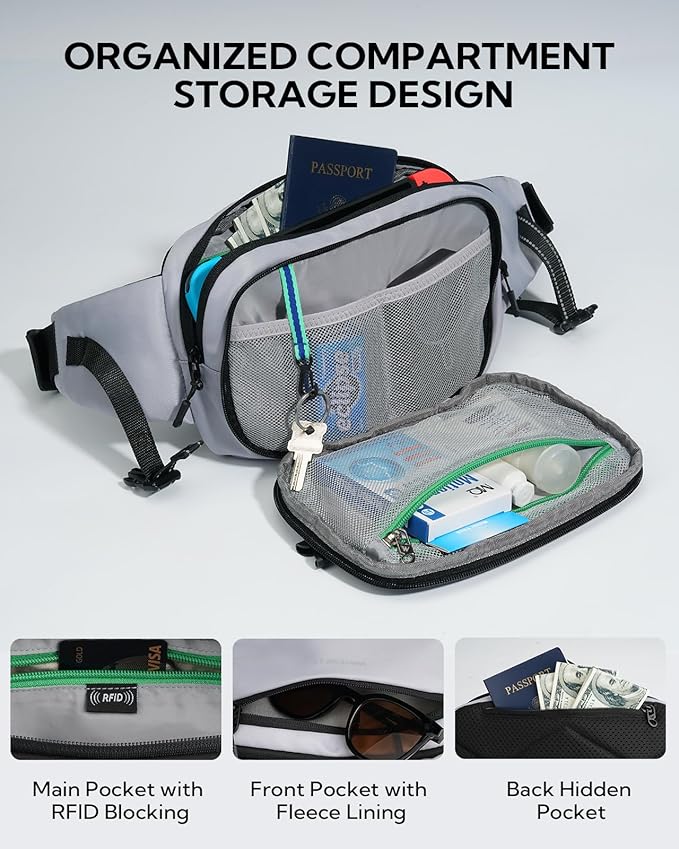 WATERFLY 3L Large Fanny Pack, 180° Opening Hip Pouch with Multi-Pockets, Anti-Theft RFID Blocking Waist Bag for Women Men Traveling Hiking Daily Use