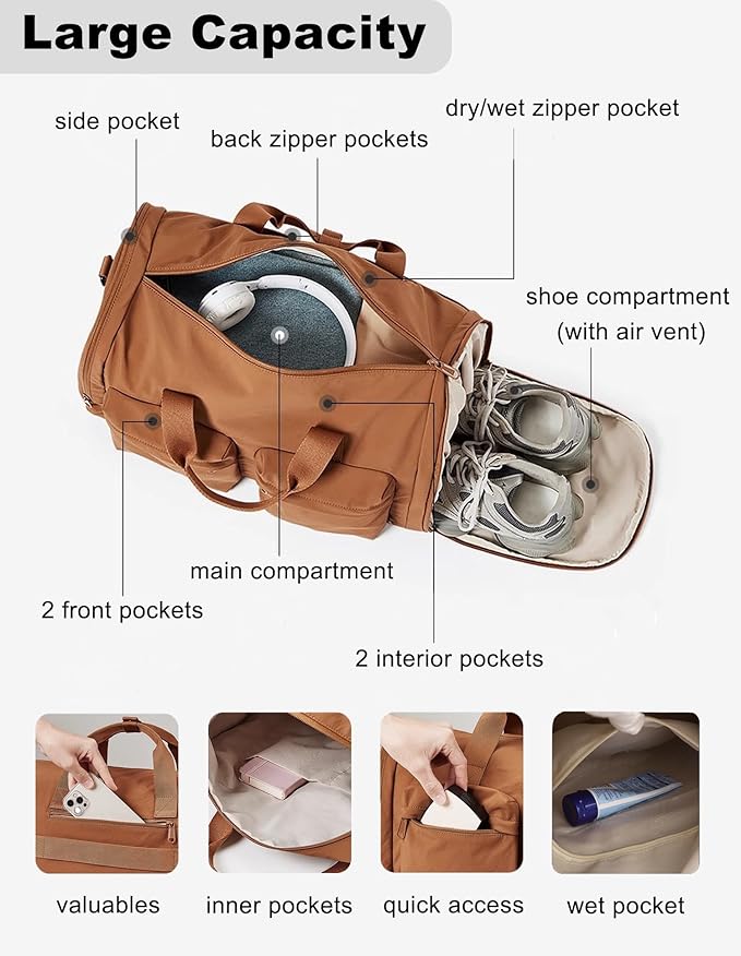 ZUEVI Gym Duffel Bag for Men Women with Shoe and Wet Compartment Lightweight Foldable Carry On Sports Travel Bag for Training Yoga Weekender(Black)