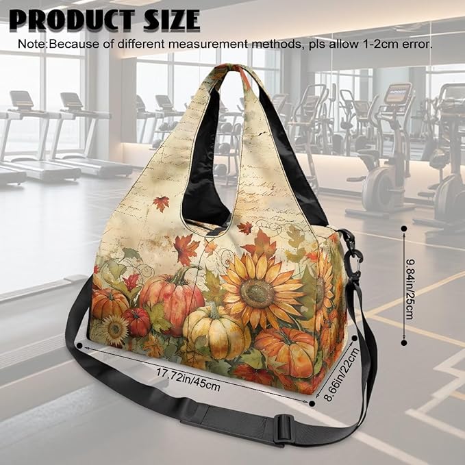 Sunflower Pumpkin Maple Leaf Mini Gym Bag for Women with Yoga Mat Holder Small Duffle Bag Weekender Hospital Workout Carry On Duffel Bags with Shoe Compartment Thanksgiving Decor