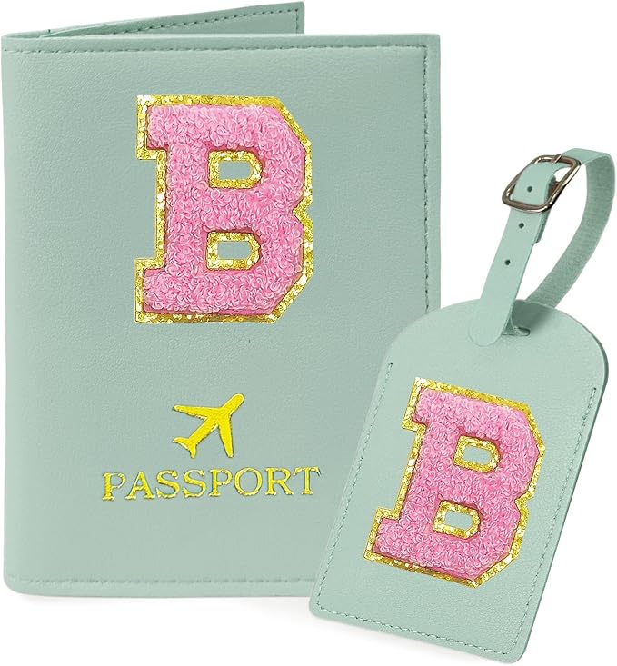 COSHAYSOO Initial Passport Cover Luggage Tag Set Letter Passport Holder Airplane Cruise Travel Essentials Vacation Traveling Accessories Personalized Gifts for Women Teen College Girls Teal B
