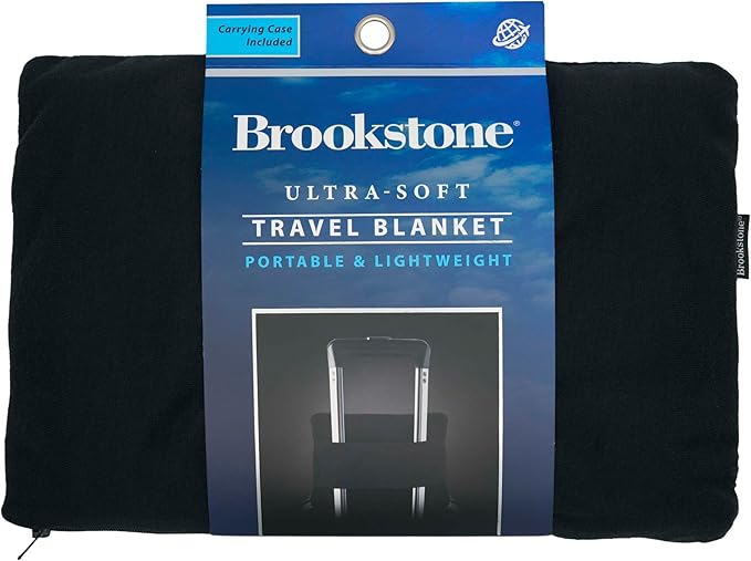Brookstone Travel Blanket - 2-in-1 Jersey Knit Lightweight Throw Blanket with Carrying Pouch, Airplane & Car Travel Essentials, Black