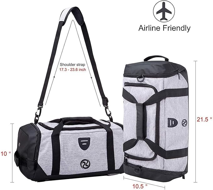 Gym Duffle Bag Backpack Waterproof Sports Duffel Bags Travel Weekender Bag for Men Women Overnight Bag with Shoes Compartment Grey