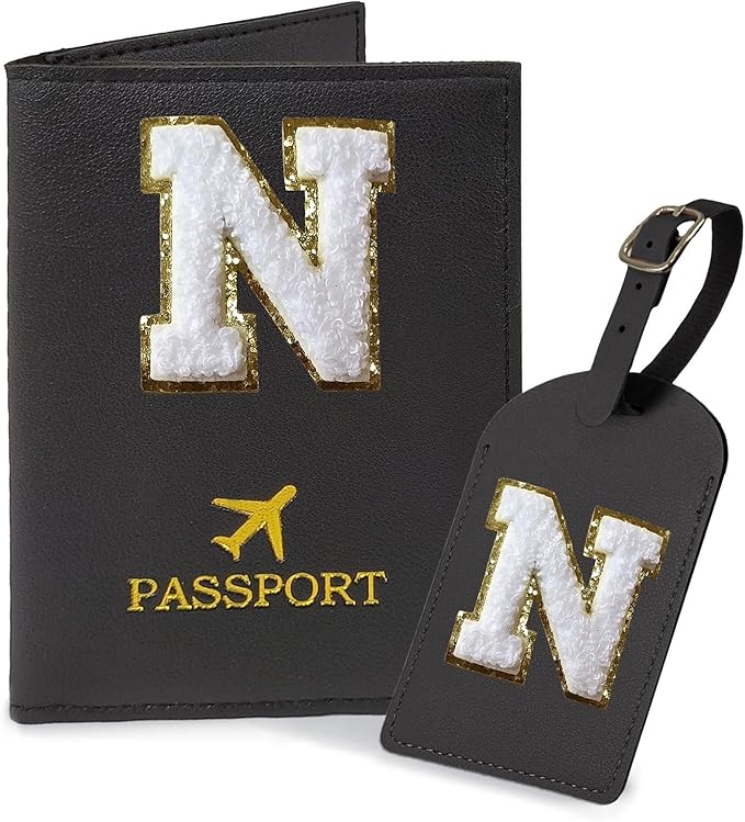 COSHAYSOO Black Passport Cover and Luggage Tag Set TSA Approved with Her Initial Chenille Letter Patch, Trending Traveling Bag Backpack Suitcase Identifier Birthday Gifts for Women Girls (N)