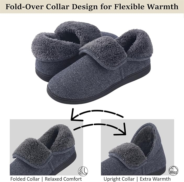 Men’s Knit Bootie Slippers Warm Fold-Over Ankle Collar Plush Fleece Lined Memory Foam House Shoes Cozy Winter Non-Slip Indoor Outdoor Slippers for Men
