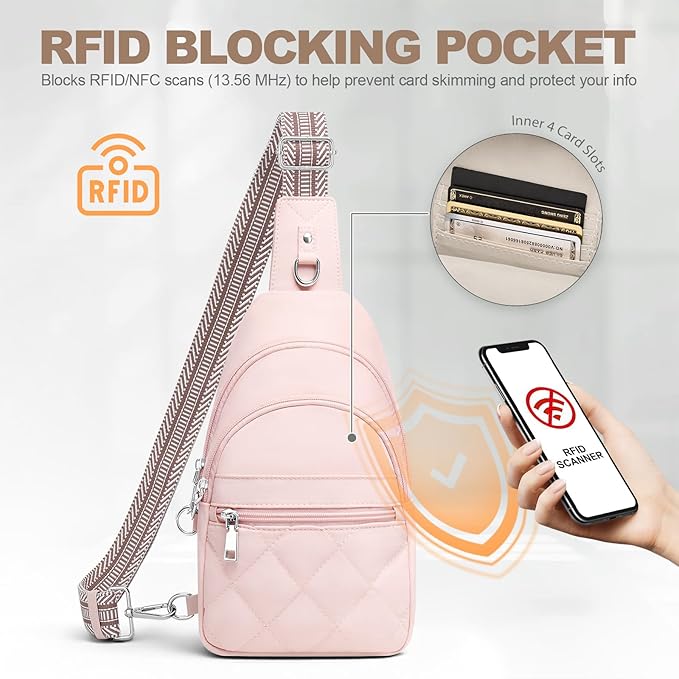 Sling Bag for Women, Anti-Theft RFID Crossbody Bag Nylon Sling Purse for Travel, Puffy Small backpack for Daily Hiking Sports Pink