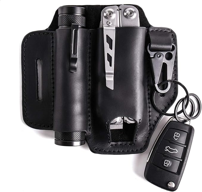 Gentlestache Leather Sheath for Leatherman Multitool - EDC Pocket Organizer with Key Holder and Flashlight Sheath - Black