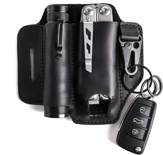 Gentlestache Leather Sheath for Leatherman Multitool - EDC Pocket Organizer with Key Holder and Flashlight Sheath - Black