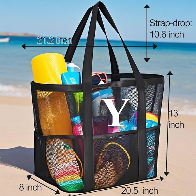 Personalized Mesh Beach Bag for Women - Waterproof Initial Tote Bag for Family Travel, Toys, Vacation Essentials
