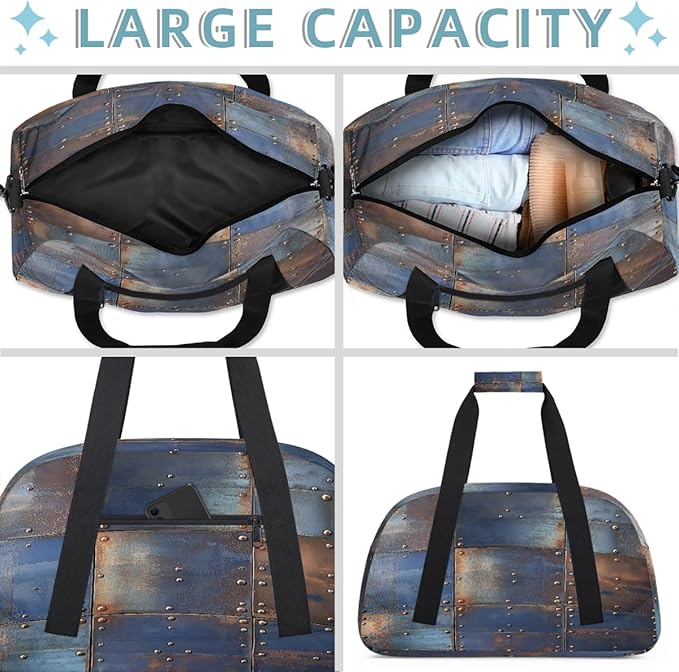 Kids Duffle Bag Girls Boys Rustic Metal Iron Plate Effect Weekender Overnight Bag,Lightweight Duffel Bags for Traveling Gym Sport Dance