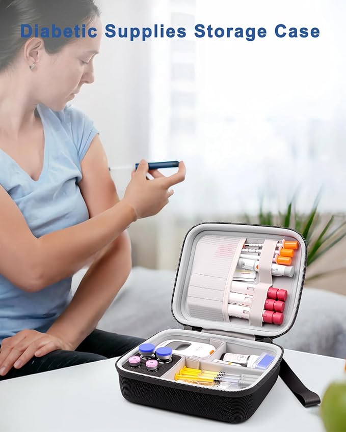 Krypthos Diabetic Supplies Travel Case, Portable Diabetes Organizer for Glucose Meter, Blood Sugar Test Strips Kit, Insulin Pens, Vials, Syringes, Lancing Device and More with Adjustable Dividers