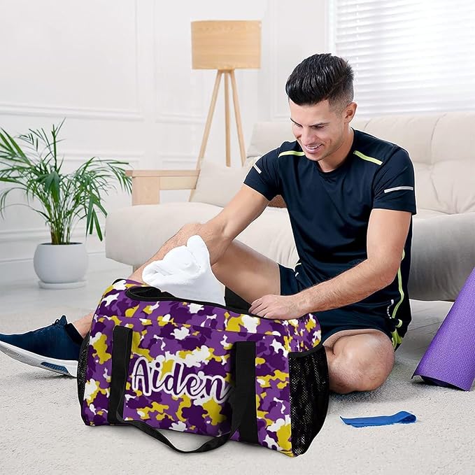 Purple Gold Camouflage Camo Pattern Crossbody Bag Customized Duffel Bags (Store Shoes) Weekender Overnight Bag Travel Bag Personalized Gift Gym Bags