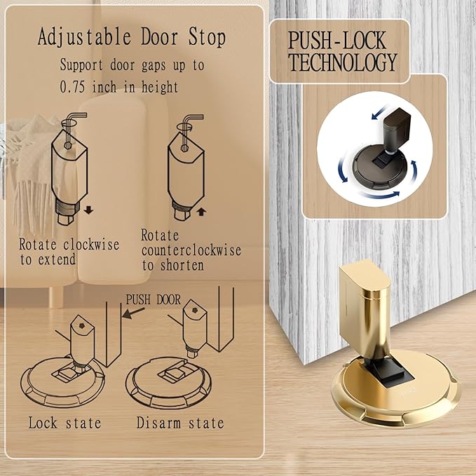 UBVIF No Magnetic Door Stopper, Adjustable, Mechanical Doorstop, Windproof Door Stop for Indoor, No Nails/Screws Needed,Heavy Duty Door Holder,Keep Door Open (1, Bright Gold)