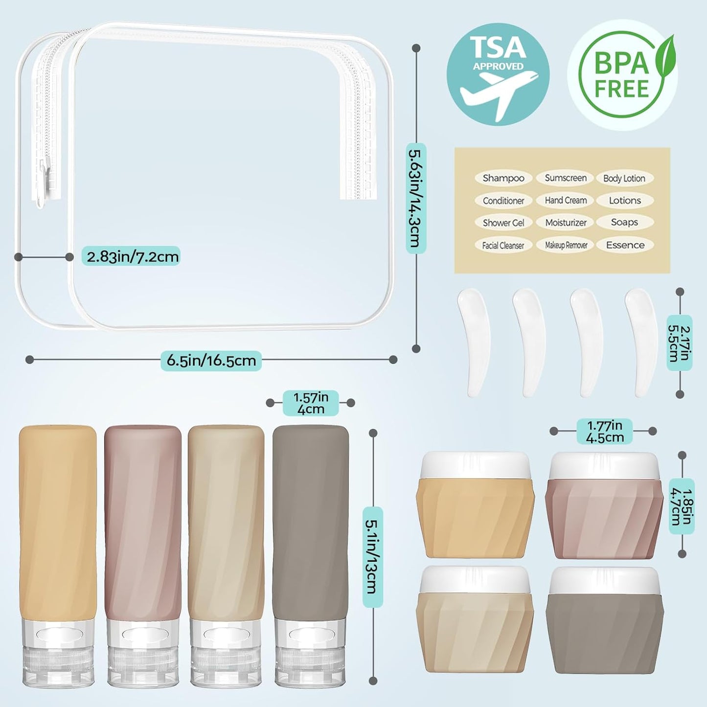 14pack Travel Bottles for Toiletries, TSA Approved Travel Size Toiletries Containers Set, Premium Silicone Leak Proof Refillable Squeezable & Creams jars Accessories Kit W/Clear Bag (Apricot)
