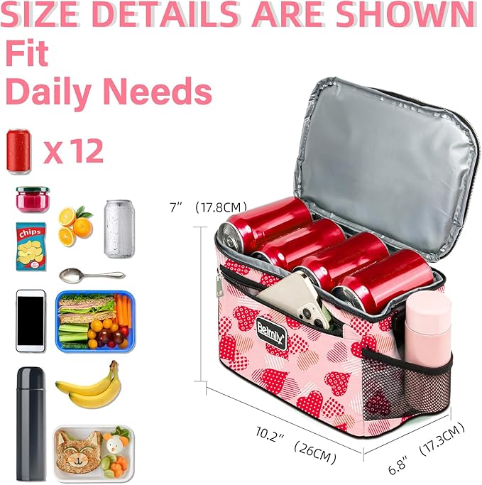 BEIMILY Lunch Box for Men/Women,Small Insulated Lunch Bag,Reusable LunchBox for work Picnic Hiking Beach,Leakproof Soft Cooler Tote Bag Organizer with Adjustable Shoulder Strap for Adults (Pink Heart)