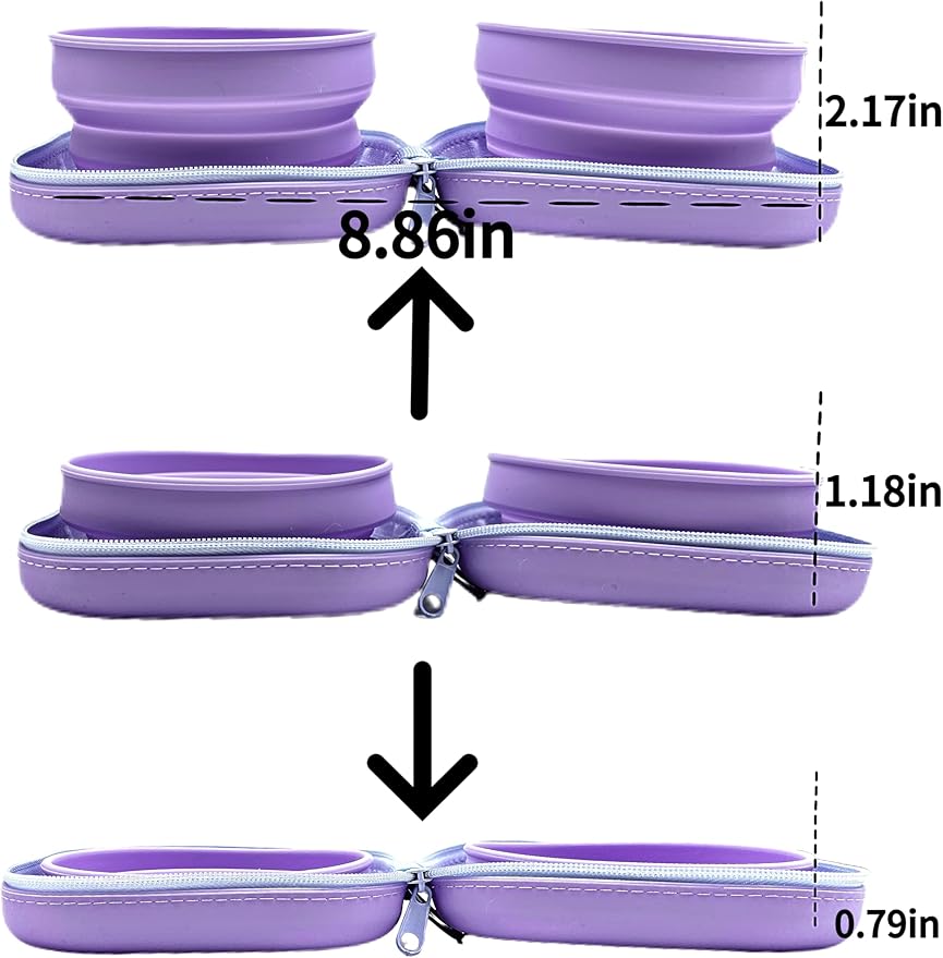 Portable Dog Bowl, Collapsible 2-in-1 Travel Dog Bowls with Carabiner Clip, Silicone Double Pet Food and Water Dish for Outdoor Camping and Hiking (Purple)