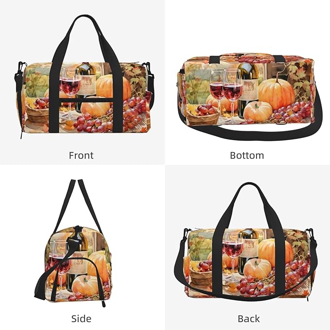 Sports Gym Bag Grape Wine Art Painting Travel Duffel Bag With Shoe Compartment Shoulder Strap, Lightweight Water-Resistant Weekend Overnight Totes For Women Men