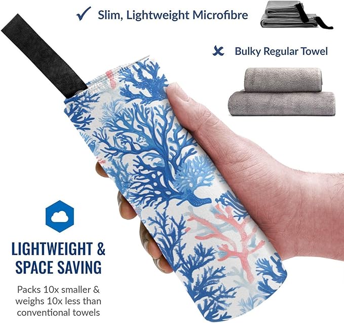 Blue Coral And Sea Pattern Sand Free Beach Towel – 27.5"X55" Quick Dry Microfiber Beach Towels For Travel, Swimming, Pool, And Camping, Absorbent And Compact Beach Essential For Women, And Men