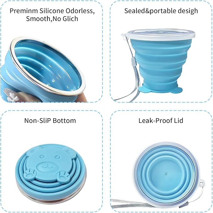 2 Pcs Collapsible Cups, Silicone Collapsible TravelCup, Expandable Folding Camping Drinking Cup with Lids Reusable Small Portable Mugs-Cup for Travel, Camping, Hiking,Outdoors (sky blue&grass green)
