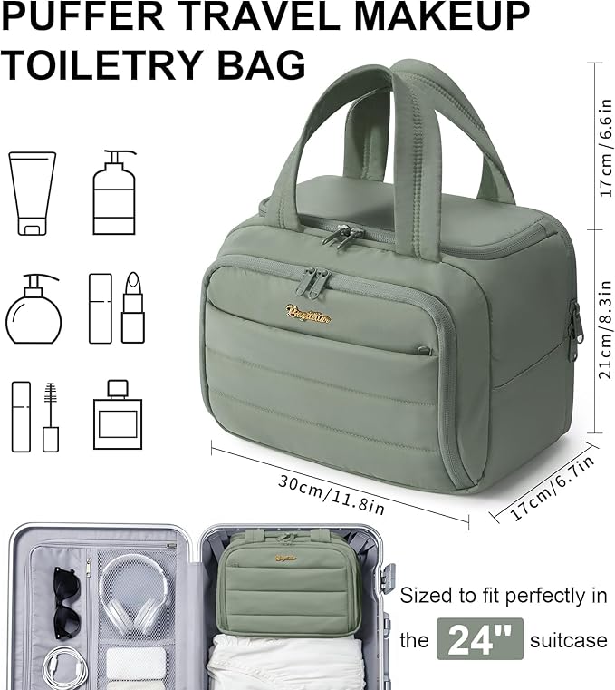 Travel Toiletry Bag for Women, Lightweight Large Quilted Puffy Makeup Bag Wide-open Make up Organizer Cloud Cosmetic Bag w/Handle for Traveling Toiletries Essentials Accessories Sage Green