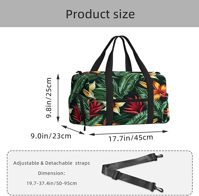 Sports Gym Bag Tropical Leaves Flowers Travel Duffel Bag With Shoe Compartment Shoulder Strap, Lightweight Water-Resistant Weekend Overnight Totes For Women Men