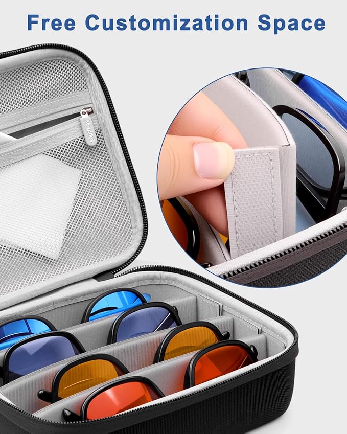 Krypthos Travel Sunglasses Organizer Case, Portable Eyeglasses Storage Box, Adjustable Multi-Compartments & Crushproof Design, Holds Up to 4 Pairs, Eyewear Display Case for Men Women