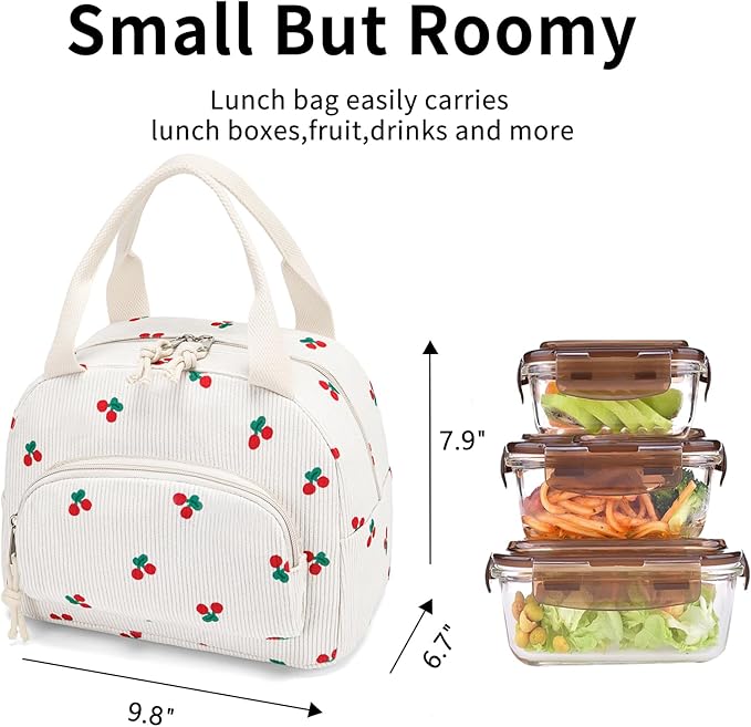Lunch Bag Women Lunch Box for Women Adult Cute Insulated Lunch Bag Small Cooler Lunch Tote Bags for Work Picnic School (Beige-Cherry)
