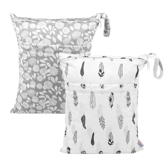 ALVABABY 2pcs Cloth Diaper Wet Dry Bags Waterproof Reusable with Two Zippered Pockets Travel Beach Pool Daycare Soiled Baby Items Yoga Gym Bag for Swimsuits or Wet Clothes LZ0506