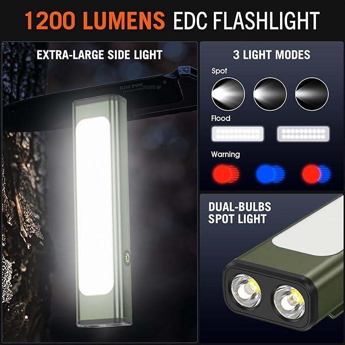 Pocket Flashlight, 1200 Lumens Rechargeable EDC Flashlight with Clip, USB-C Port, 3 Modes Waterproof Warning Light for Working, Camping, Repairing, Emergencies (Green, 1PCS)
