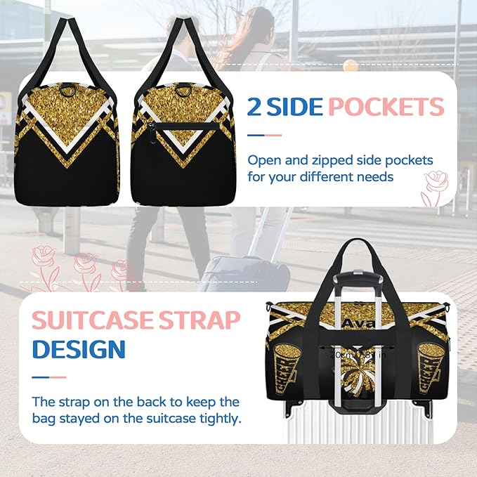 Custom Cheerleading Bag for Dancer, Overnight Duffel Tote Cheerleaders Personalized Sport Gym Travel Practice Gymnastics Duffel Bag, Yellow Gold Glitter Black